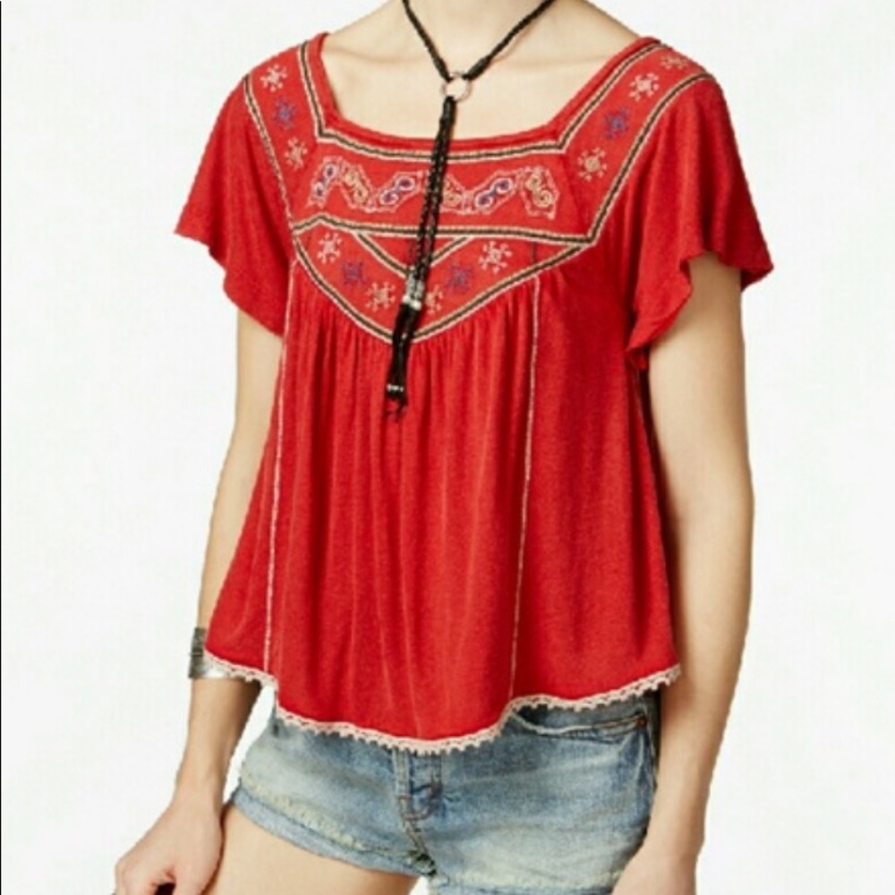 Red Flowy Embroidered Free People Blouse